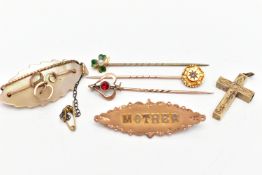 AN ASSORTMENT OF YELLOW METAL STICKPINS AND BROOCHES, the first stickpin an enamel and cultured