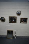 A FIVE VARIOUS GILT FRAMED WALL MIRRORS, to include a Regency style circular convex mirror,