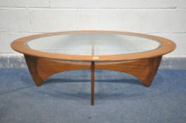 A 1970'S G PLAN ASTRAL TEAK OVAL COFFEE TABLE, with glass insert, length 122cm x depth 66cm x height