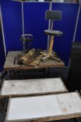 A BESPOKE MOTOR WINDER WORKBENCH ON CAST IRON BASE (UNTESTED) along with two wooden benches and