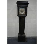 A GEORGIAN AND LATER OAK EIGHT DAY LONGCASE CLOCK, the hood enclosing a brass and silvered 10.5 inch