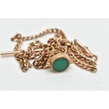 A 9CT GOLD ALBERT CHAIN, SUSPENDING A 9CT GOLD HARDSTONE SWIVEL FOB, the flat curb link chain with