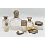 A SELECTION OF GLASS BOTTLES, A SILVER SPOON AND PHOTO FRAME, comprising five glass bottles with