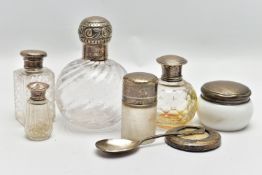 A SELECTION OF GLASS BOTTLES, A SILVER SPOON AND PHOTO FRAME, comprising five glass bottles with