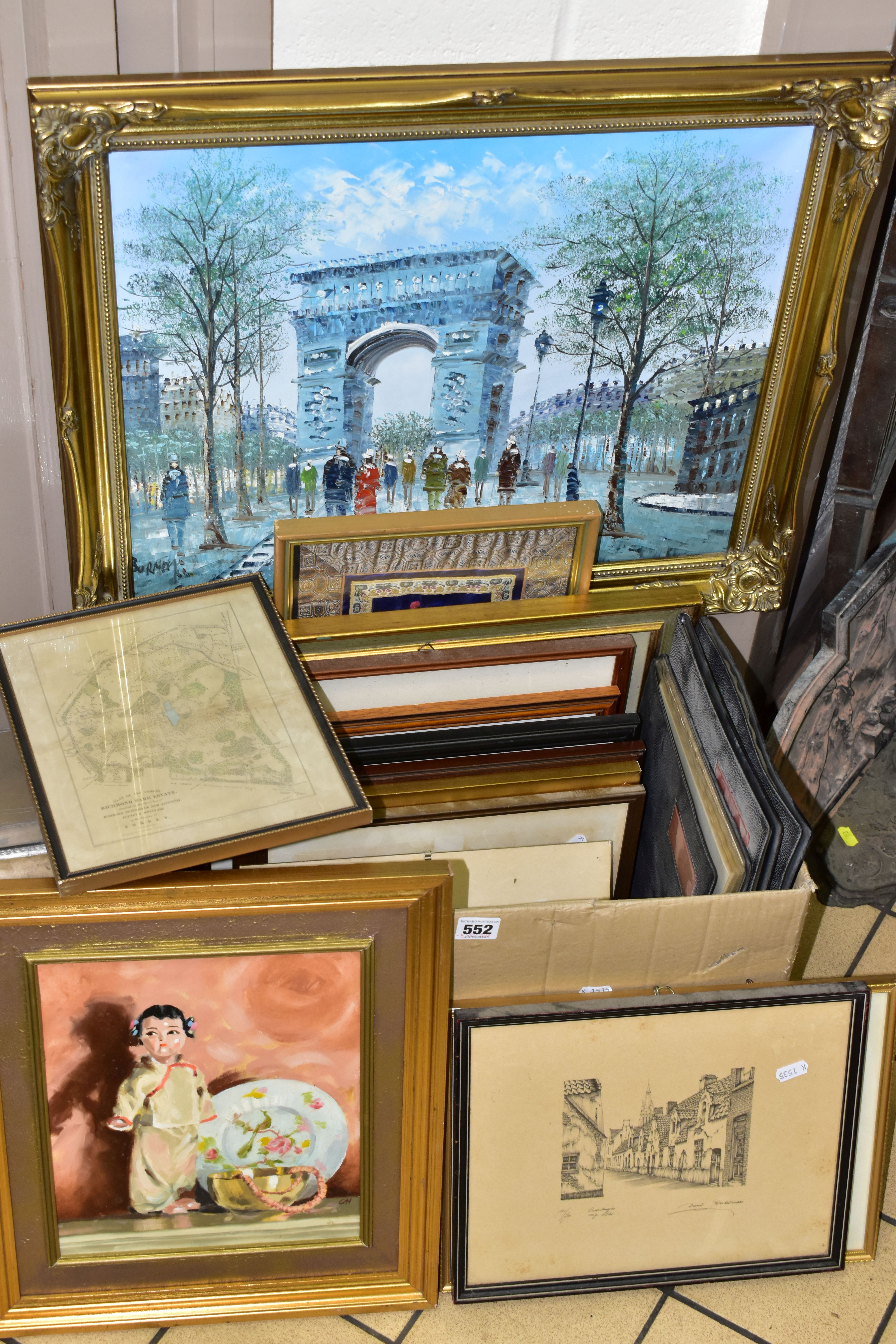 PAINTINGS AND PRINTS TO INCLUDE A BURNETT PARISIAN SCENE OIL ON CANVAS, approximate size 40cm x