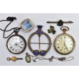 TWO OPEN FACE POCKET WATCHES AND SILVER AND WHITE METAL JEWELLERY, the first pocket watch an open
