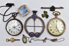 TWO OPEN FACE POCKET WATCHES AND SILVER AND WHITE METAL JEWELLERY, the first pocket watch an open