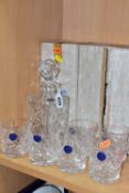 A THOMAS WEBB CRYSTAL SQUARE DECANTER AND SIX WHISKY TUMBLERS, boxed, all with original stickers and