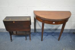 A GEORGIAN MAHOGANY DEMI LUNE TEA TABLE, the fold over top, on square tapered legs, open diameter