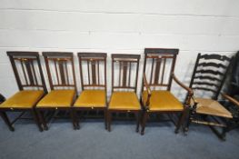 A SET OF FIVE LATE 19TH CENTURY MAHOGANY DINING CHAIRS, with mustard yellow drop in seat pads,