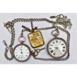 TWO EDWARDIAN SILVER POCKET WATCHES WITH THREE CHAINS AND A YELLOW METAL VESTA CASE, the first a