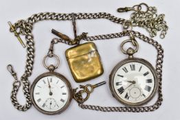 TWO EDWARDIAN SILVER POCKET WATCHES WITH THREE CHAINS AND A YELLOW METAL VESTA CASE, the first a