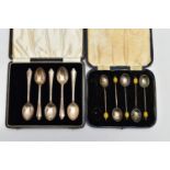 TWO PARTIAL SETS OF TEASPOONS BOTH CASED, the first comprising five silver teaspoons with tapered