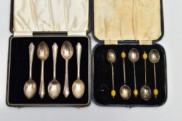 TWO PARTIAL SETS OF TEASPOONS BOTH CASED, the first comprising five silver teaspoons with tapered