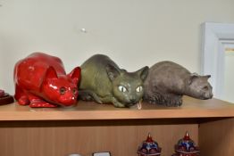 A LARGE LLADRO GRES CAT AND TWO OTHER CAT FIGURES, comprising Lladro Cat no 2001, a recumbent, alert