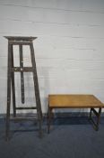 A TALL OAK ARTIST EASEL, width 70cm x height 190cm, and a collapsing pasting table (condition -