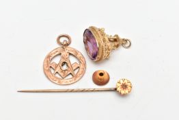 AN ASSORTMENT OF GOLD AND YELLOW METAL JEWELLERY, to include an Edwardian 15ct gold dress stud,