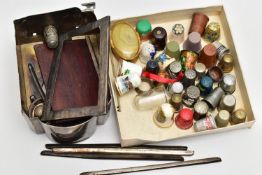 A SELECTION OF SILVER ITEMS AND MAINLY WHITE METAL THIMBLES, to include an early 20th century silver