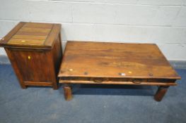 A HARDWOOD RECTANGULAR COFFEE TABLE, with metal banding, and two frieze drawers, length 110cm x