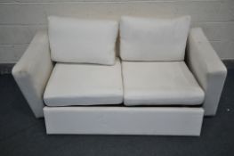 A DISMANTLED CREAM UPHOLSTERED SOFA BED, length 166cm (condition - dirty)