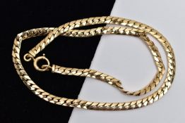 A YELLOW METAL CHAIN NECKLACE, a flat curb link chain necklace, fitted with a large spring clasp,