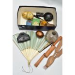 A BOX OF ASSORTED ITEMS, to include a polished wooden egg inscribed 'Jerusalem', a set of AF nesting