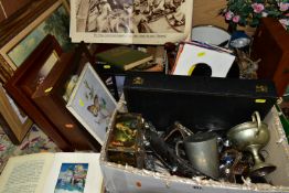 THREE BOXES OF METALWARE, BOOKS AND PICTURES, to include five framed pictures, a collection of 1930s