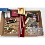A BOX OF WATCHES, TIE CLIPS, CUFFLINKS ETC, to include a boxed ladies 'Rotary' wristwatch, a