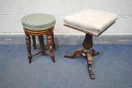 A 19TH CENTURY ROSEWOOD SWIVEL STOOL, on a fluted support and tripod legs, and an Edwardian swivel