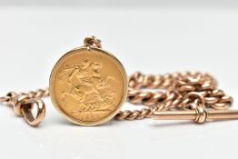 A 9CT GOLD ALBERT CHAIN, SUSPENDING A 1902 SYDNEY MINT EDWARD VII FULL SOVEREIGN, the curb link