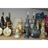A GROUP OF SIX TABLE LAMPS AND VASES, comprising three metal figural lamps, one figure is named '
