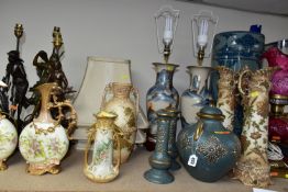 A GROUP OF SIX TABLE LAMPS AND VASES, comprising three metal figural lamps, one figure is named '