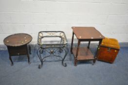 A SELECTION OF OCCASIONAL FURNITURE, to include a mahogany sewing table (worn finish) a wrought iron