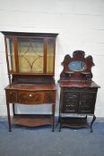AN EDWARDIAN MAHOGANY AND BOX INLAID DISPLAY CABINET, made up of two tiers, the top section with