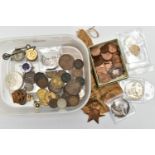 A SMALL PLASTIC BOX CONTAINING SOME MIXED COINAGE, to include 50x 1952, 1954 high grade farthings,