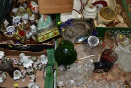 FOUR BOXES OF CERAMICS AND GLASSWARE, to include a Tudor Crystal ship's decanter, an amethyst