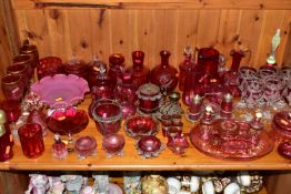 A COLLECTION OF CRANBERRY GLASS AND OTHER GLASSWARES, to include cranberry glass vases, jugs,