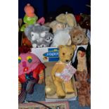 A VINTAGE GOLDEN PLUSH TEDDY BEAR AND A BOX OF SOFT TOYS, the bear in much loved condition, glass