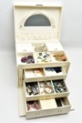 A LARGE CREAM JEWELLERY BOX WITH CONTENTS, multi storage jewellery box with mirror fitted to the