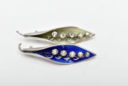 TWO 'ARTHUR JOHNSON' SILVER, LILY OF THE VALLEY BROOCHES, the first decorated with blue guilloche