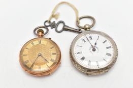 TWO OPEN FACE POCKET WATCHES, the first comprising a champagne circular dial, with Roman numeral
