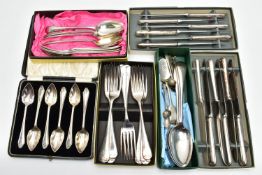 AN ASSORTMENT OF WHITE METAL CASED CUTLERY SETS PREDOMINANTLY SILVER PLATE, two full sets of 'Walker