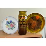 THREE PIECES OF POOLE POTTERY, comprising a cylindrical Aegean vase, height 30.5cm, diameter of