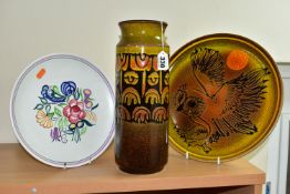 THREE PIECES OF POOLE POTTERY, comprising a cylindrical Aegean vase, height 30.5cm, diameter of