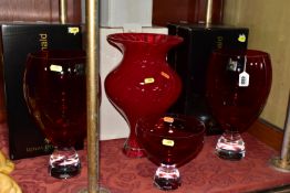 FOUR BOXED ROYAL DOULTON RUBY COLOURED GLASS VASES, including a pair of Julien Macdonald 'Ignite'