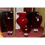 FOUR BOXED ROYAL DOULTON RUBY COLOURED GLASS VASES, including a pair of Julien Macdonald 'Ignite'