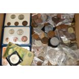 A SMALL CARDBOARD BOX OF MAINLY MODERN UK COINAGE, to include 25x two pound coins with features eg