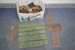 A SELECTION OF ANTIQUE CARVED PANELS, some pieces missing or not aligning, and box of treen