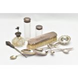 A BOX OF ASSORTED SILVER AND WHITE METAL ITEMS, to include a silver lined clothes brush with