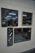 THREE VARIOUS SIZED MODERN WALL MIRRORS, largest mirror 101cm x 77cm, and a decorative wall art
